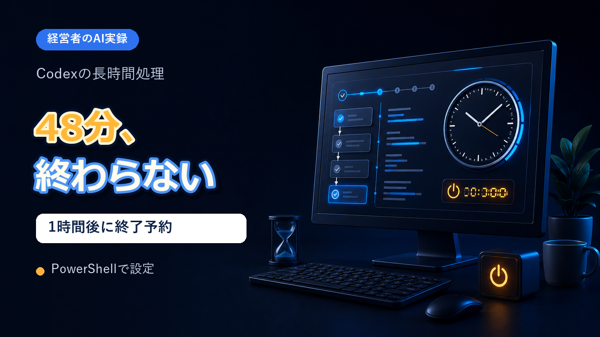 Codexの処理が48分続いたため、PowerShellで1時間後のWindows終了を予約した流れを表す画像