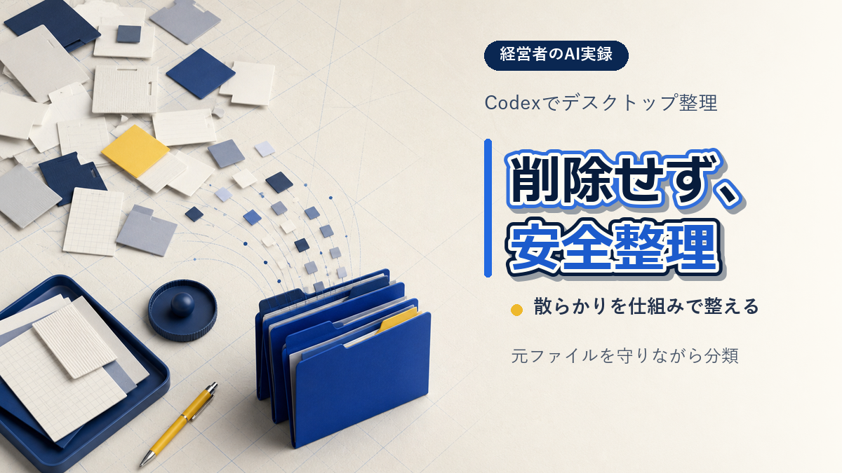 散らかったデスクトップ上のファイルを削除せず、安全に分類して整理する様子