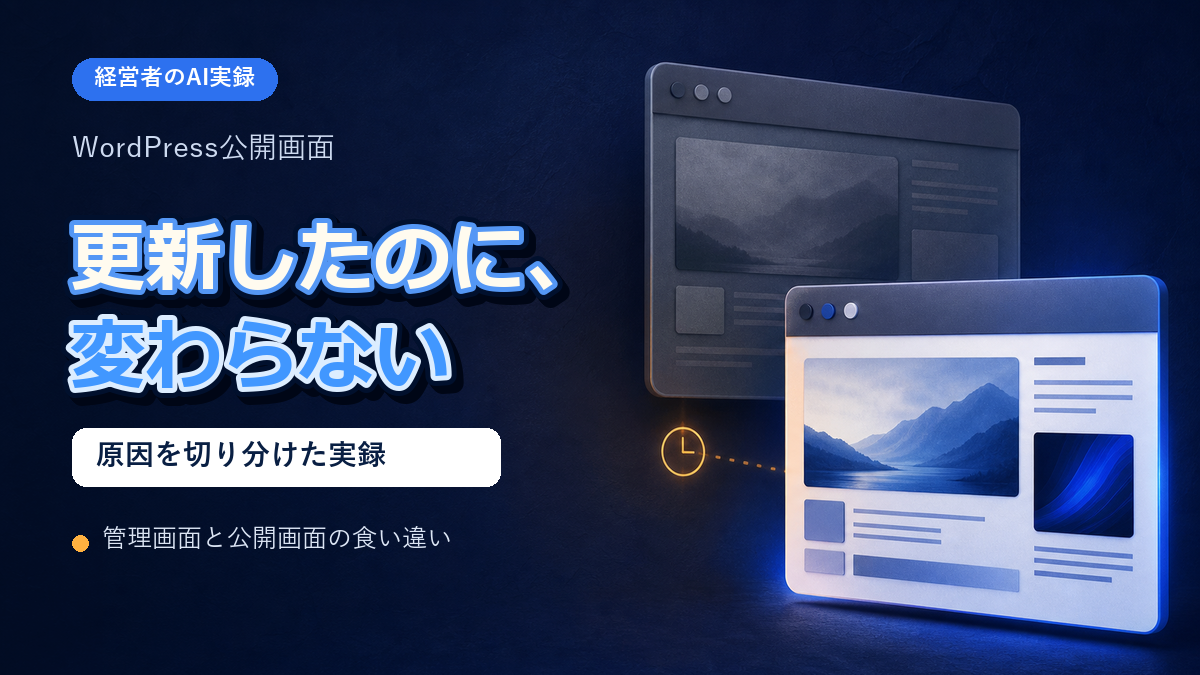 WordPressを更新しても公開画面が変わらず、古い画面と新しい画面を比較して原因を調べる様子
